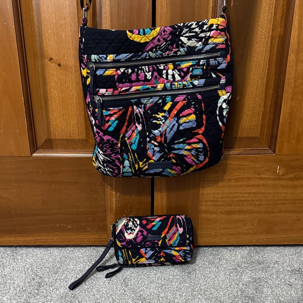 Vera Bradley Discontinued Multicolor Butterfly Crossbody Bag + Matching Wallet